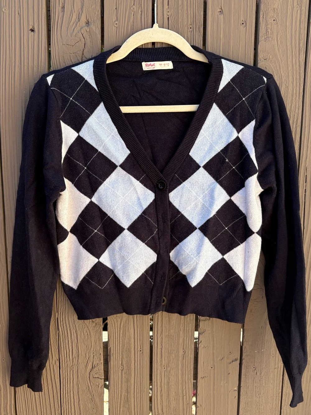 ROMWE Black & White Argyle V-Neck Button Cardigan